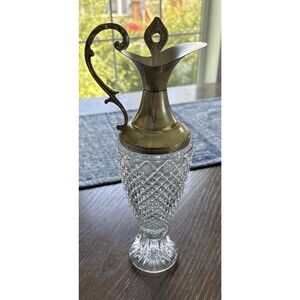 Tall Vintage Italian Crystal Decanter Silver Plate Glass Carafe Wine Pitcher